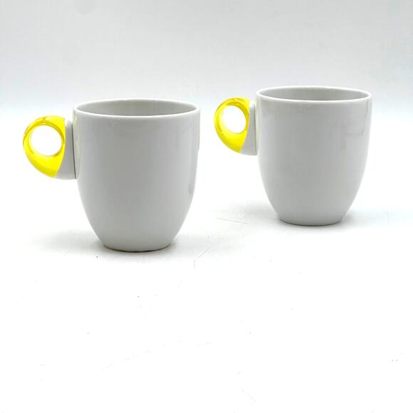 Guzzini Feeling Mugs With Yellow Plastic Handle Set of 2 Porcelain Cups - Picture 2 of 9